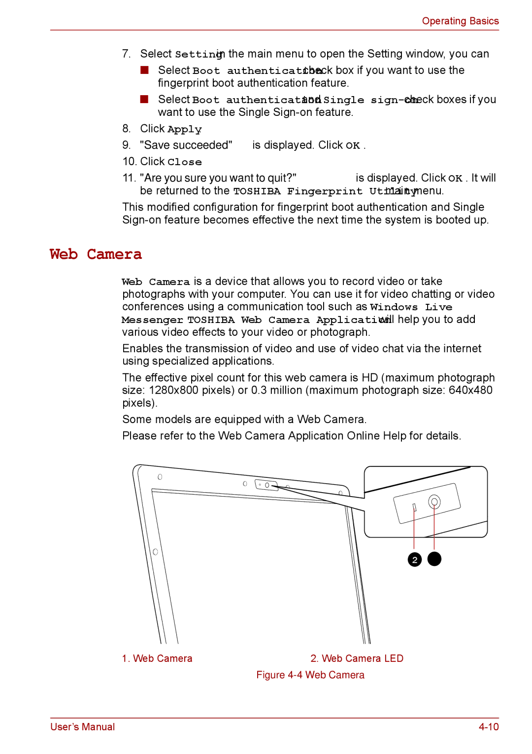 Toshiba P11, S11, A11 user manual Web Camera 