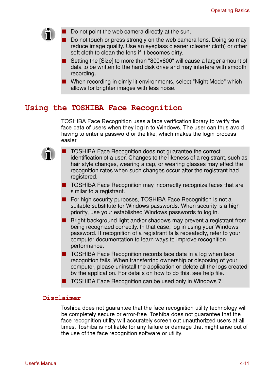 Toshiba S11, P11, A11 user manual Using the Toshiba Face Recognition, Disclaimer 