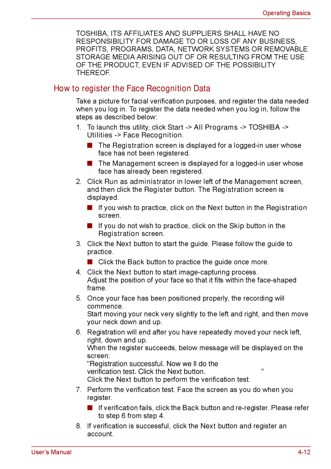 Toshiba A11, P11, S11 user manual How to register the Face Recognition Data 