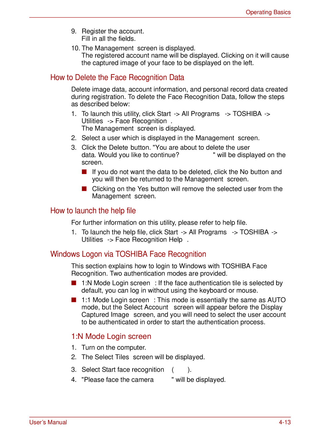 Toshiba P11, S11, A11 user manual How to Delete the Face Recognition Data, How to launch the help file, 1N Mode Login screen 