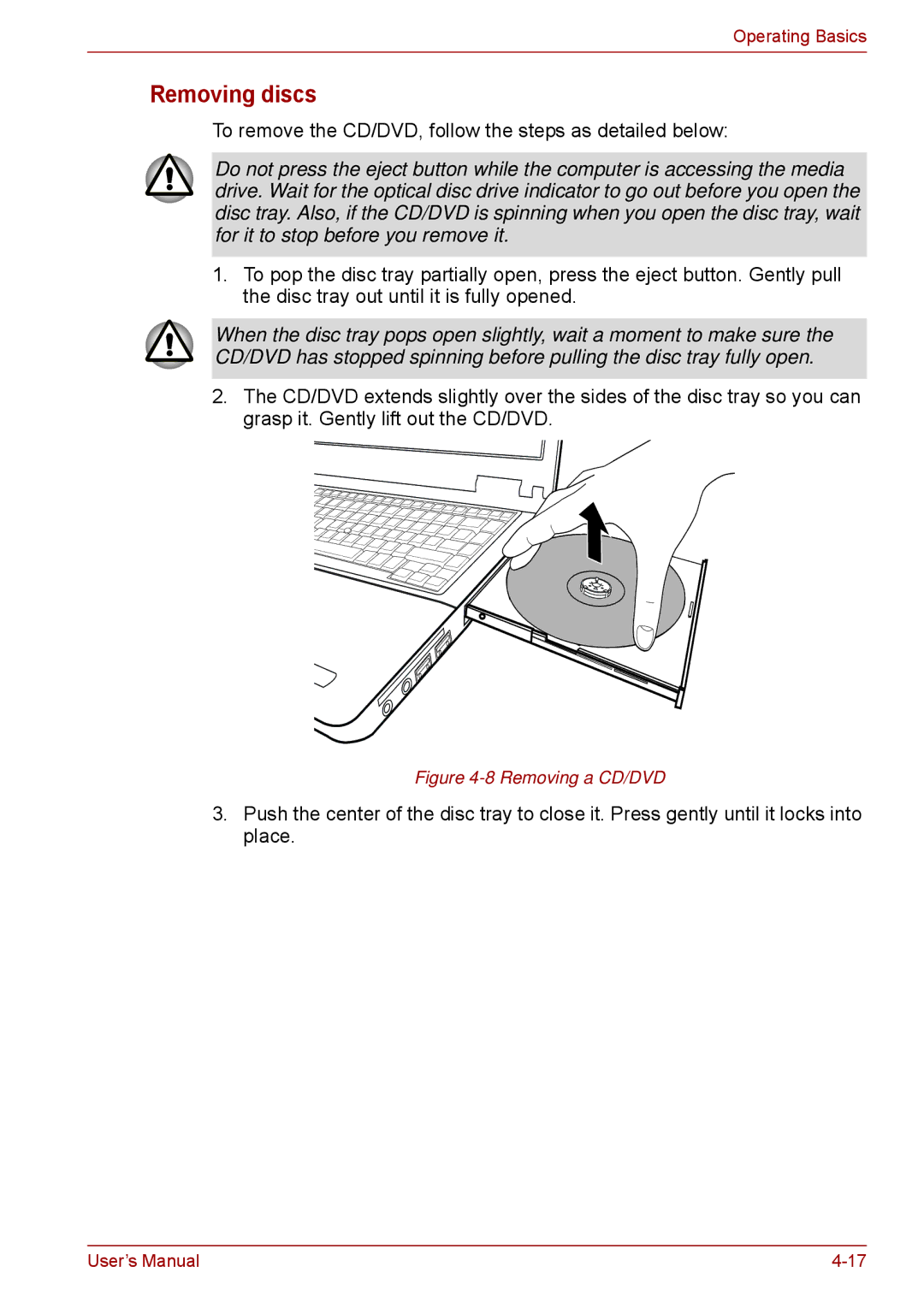 Toshiba S11, P11, A11 user manual Removing discs, Removing a CD/DVD 