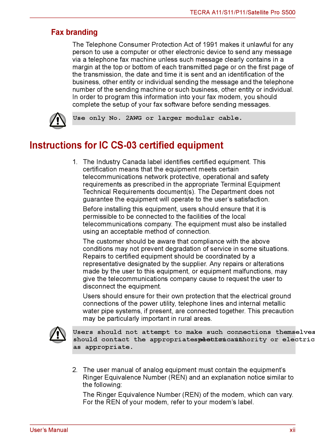 Toshiba P11, S11, A11 user manual Instructions for IC CS-03 certified equipment, Fax branding 