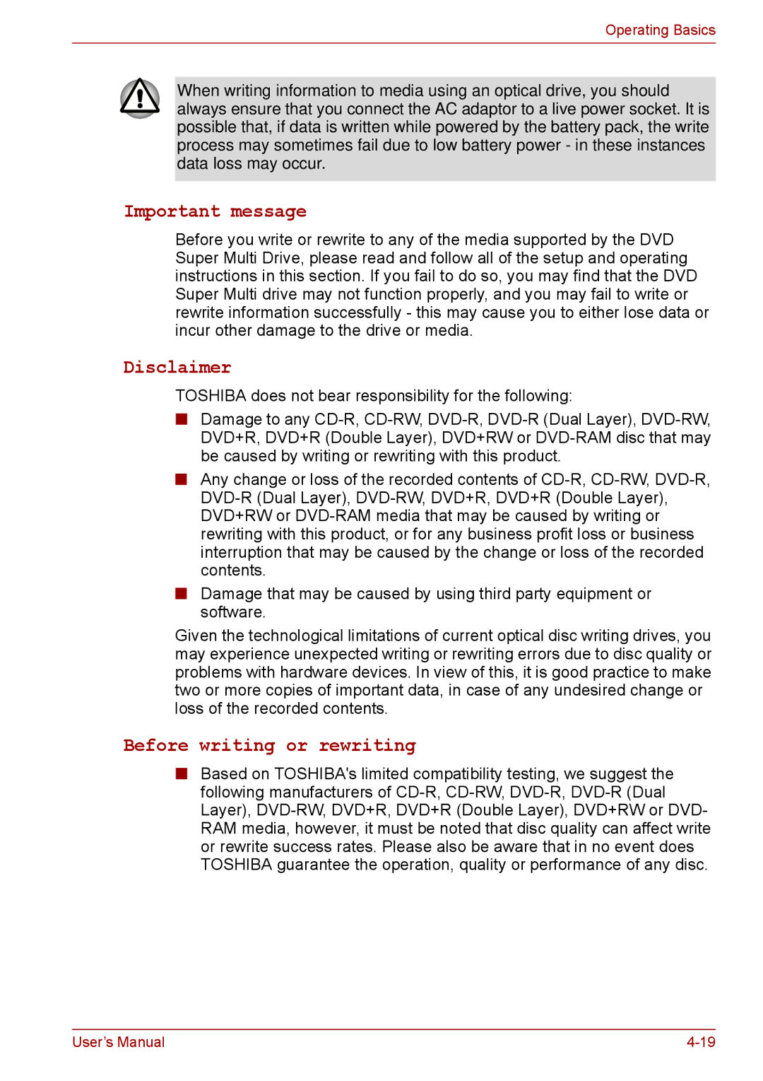 Toshiba P11, S11, A11 user manual Important message, Before writing or rewriting 