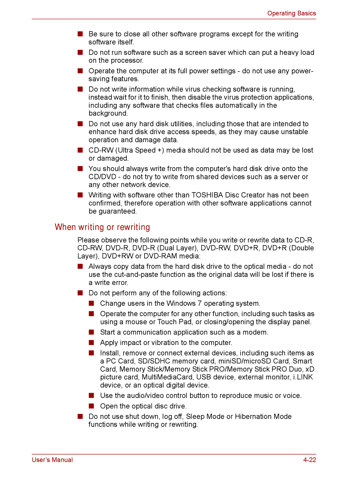 Toshiba P11, S11, A11 user manual When writing or rewriting 