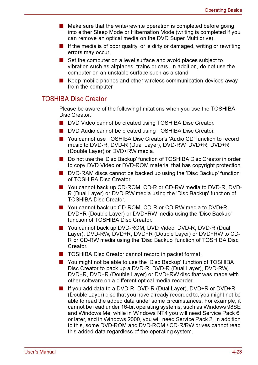 Toshiba S11, P11, A11 user manual Toshiba Disc Creator 