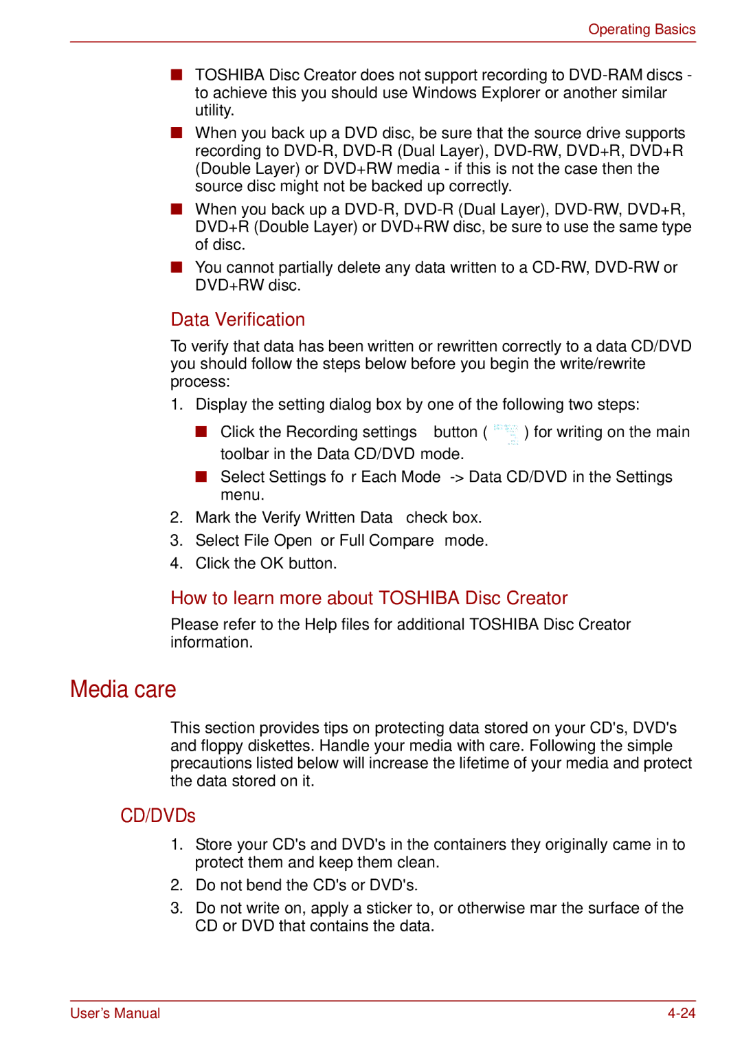 Toshiba A11, P11, S11 user manual Media care, CD/DVDs, Data Verification, How to learn more about Toshiba Disc Creator 