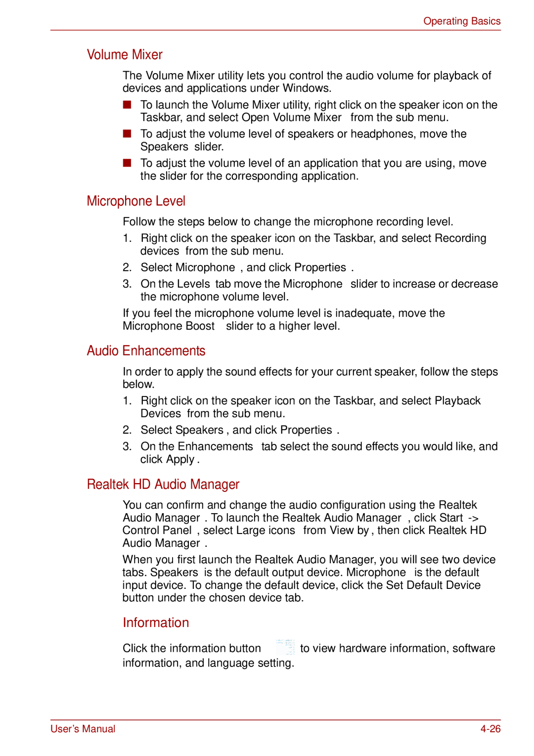 Toshiba S11, P11, A11 user manual Volume Mixer, Microphone Level, Audio Enhancements, Realtek HD Audio Manager, Information 