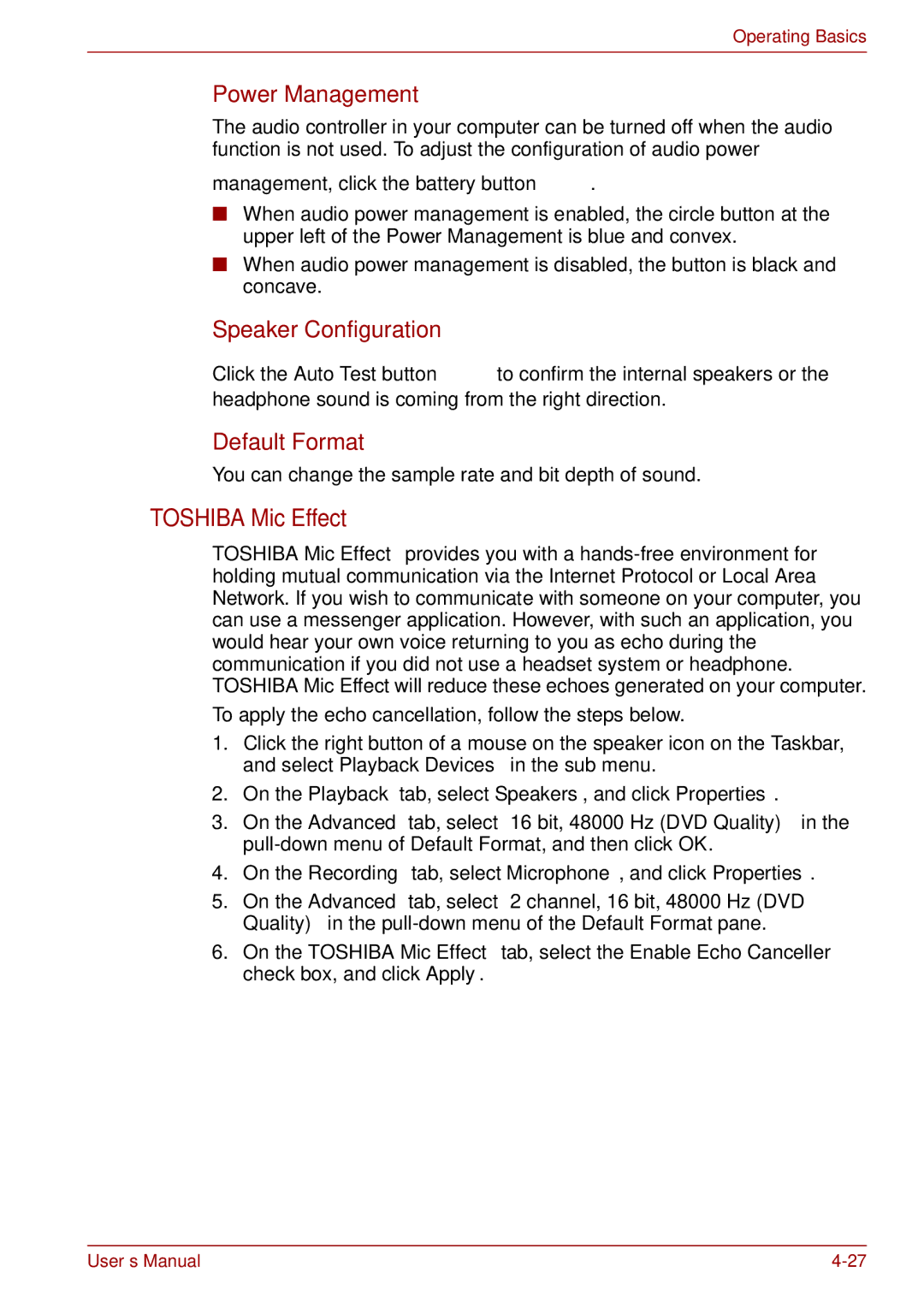 Toshiba A11, P11, S11 user manual Toshiba Mic Effect, Power Management, Speaker Configuration, Default Format 