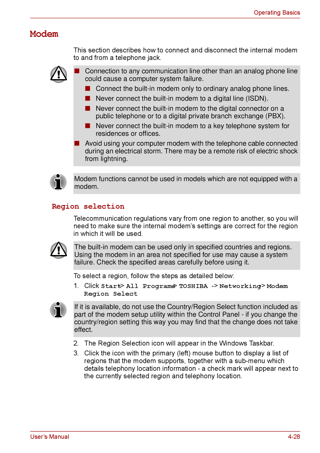 Toshiba P11, S11, A11 user manual Modem, Region selection 
