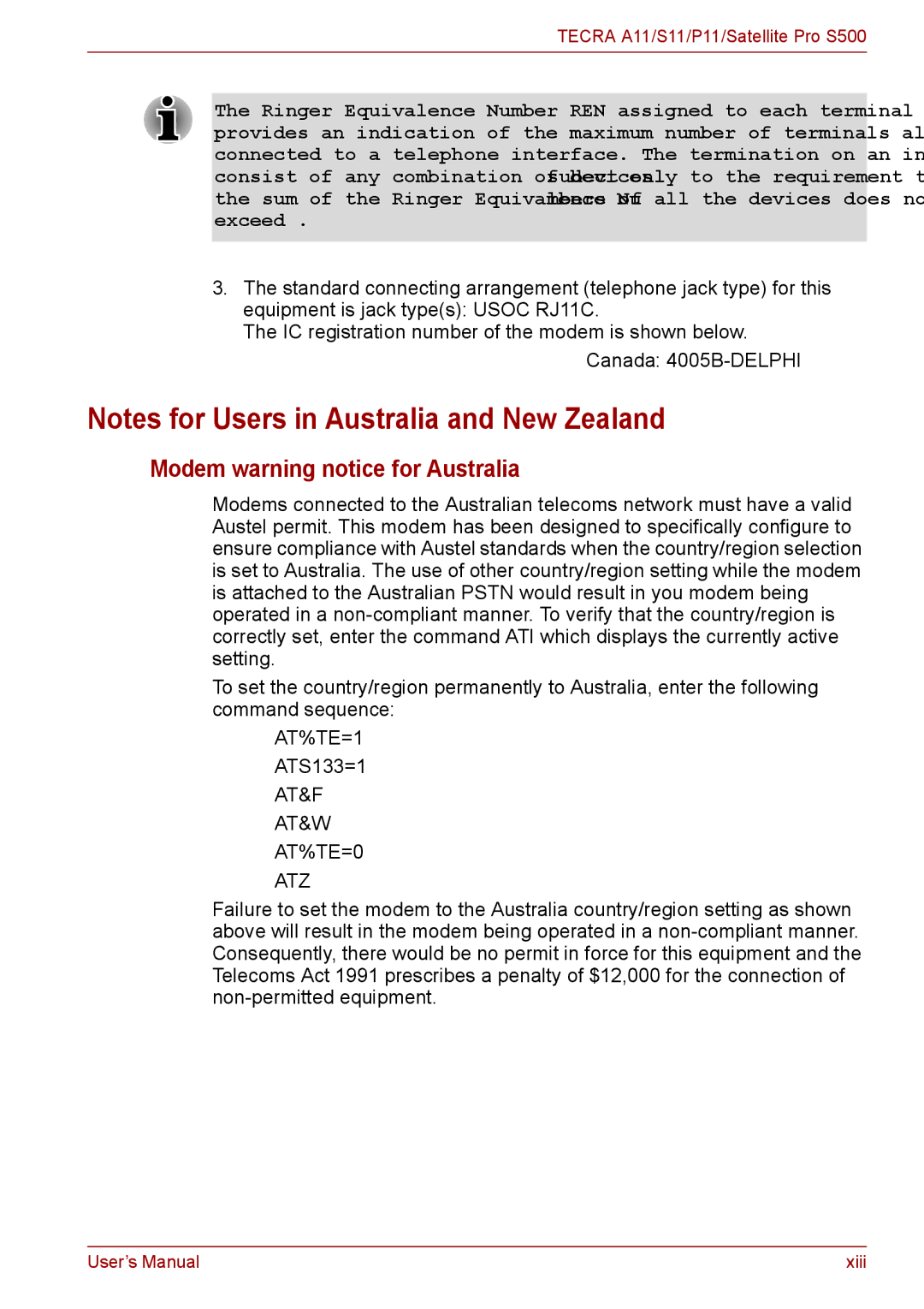 Toshiba S11, P11, A11 user manual Modem warning notice for Australia, AT&F AT&W AT%TE=0 ATZ 