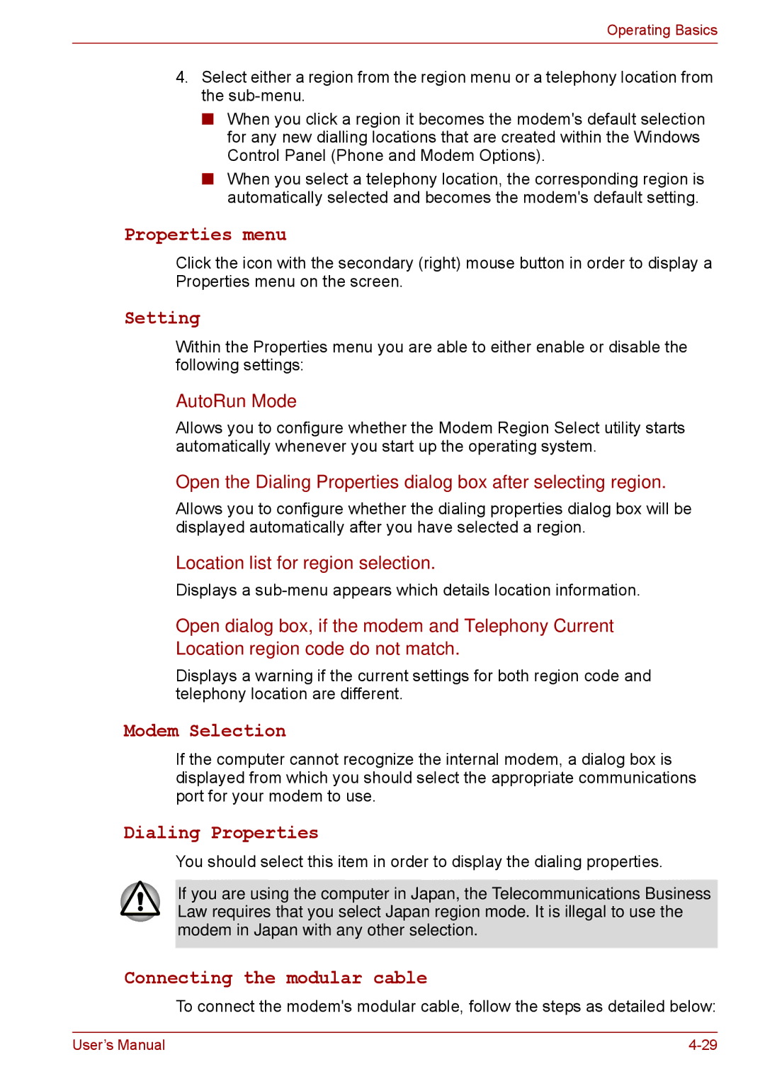 Toshiba S11, P11, A11 user manual Properties menu, Setting, Modem Selection, Dialing Properties, Connecting the modular cable 