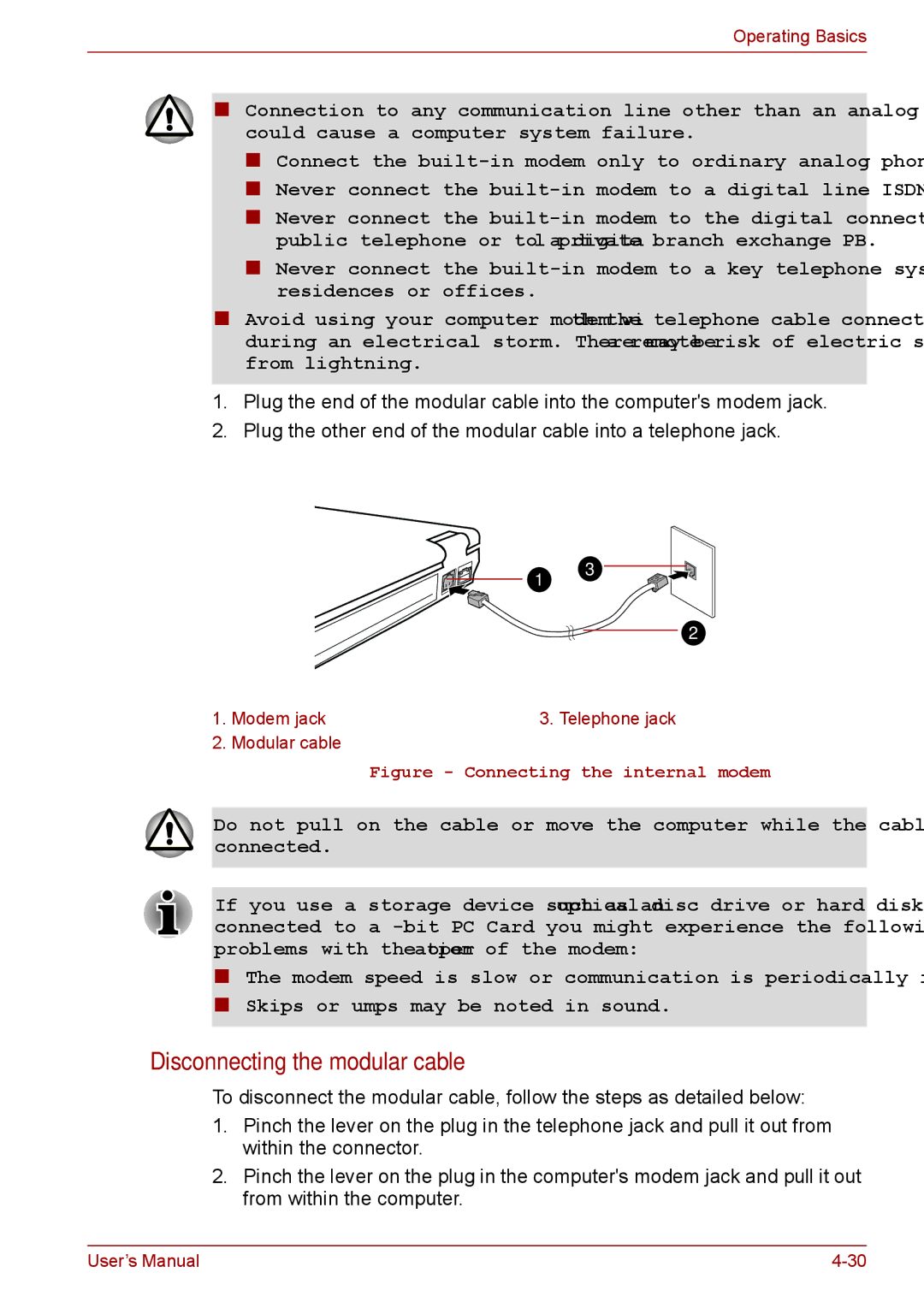 Toshiba A11, P11, S11 user manual Disconnecting the modular cable, Connecting the internal modem 