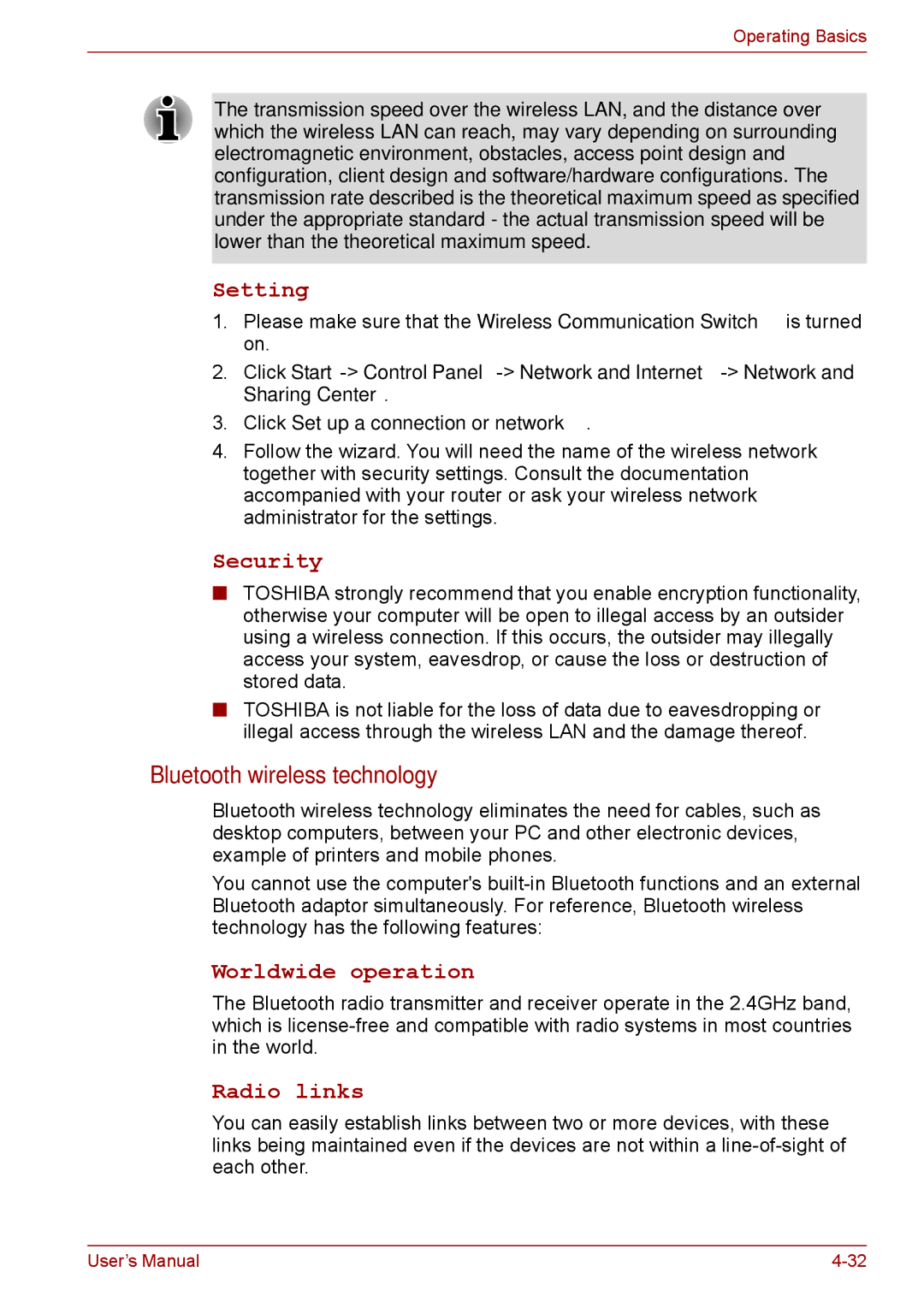 Toshiba S11, P11, A11 user manual Bluetooth wireless technology, Setting, Security, Worldwide operation, Radio links 