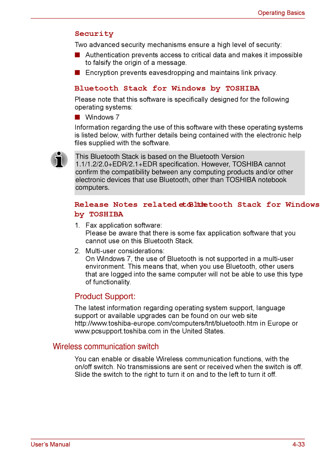 Toshiba A11, P11, S11 user manual Wireless communication switch, Bluetooth Stack for Windows by Toshiba 