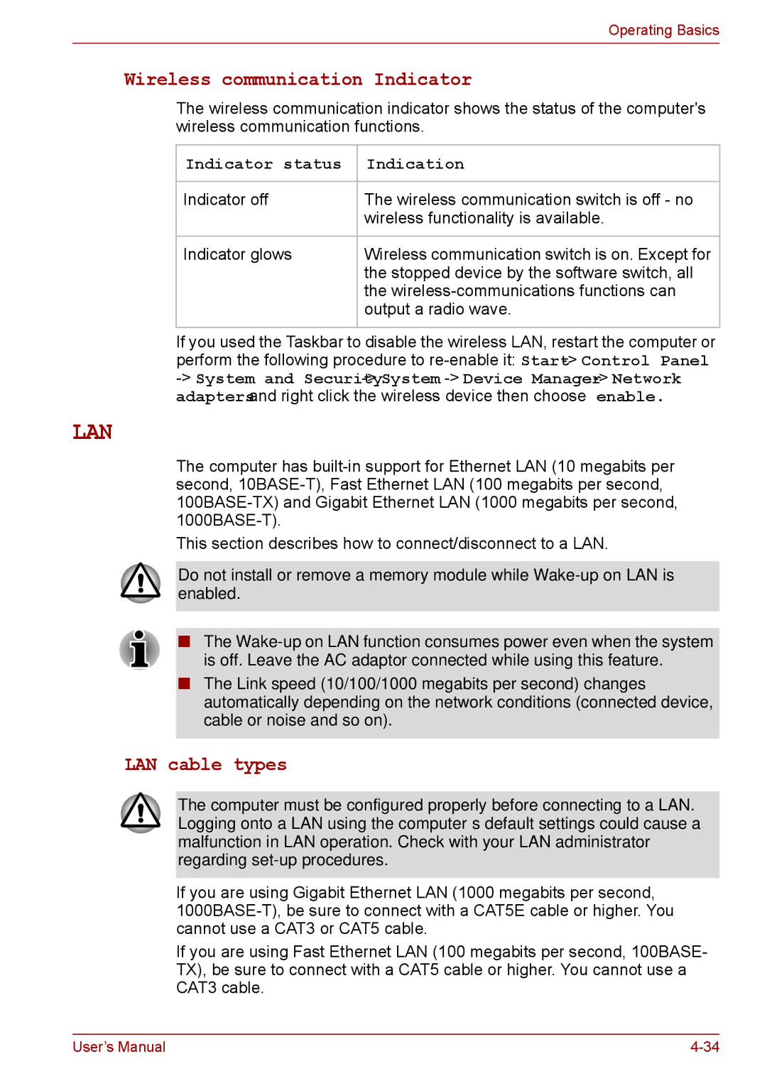 Toshiba P11, S11, A11 user manual Wireless communication Indicator, LAN cable types, Indicator status Indication 