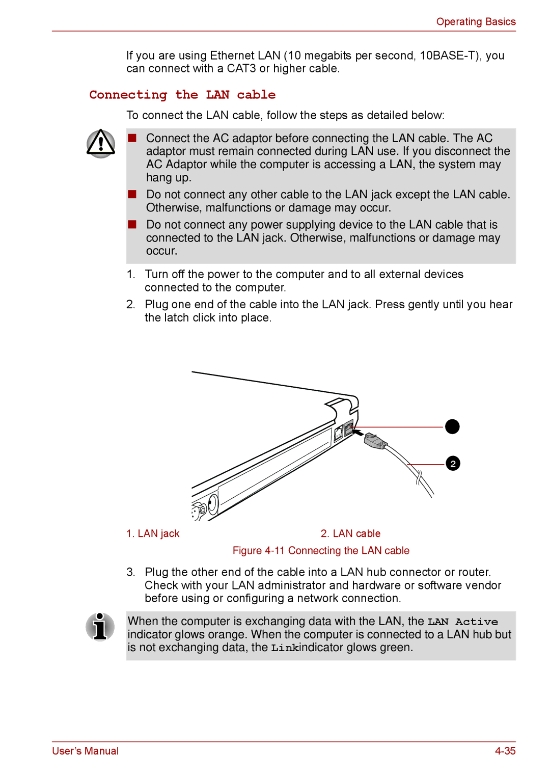 Toshiba S11, P11, A11 user manual Connecting the LAN cable 