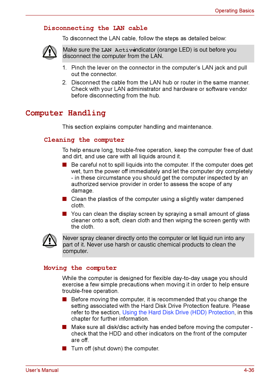 Toshiba A11, P11, S11 user manual Computer Handling, Disconnecting the LAN cable, Cleaning the computer, Moving the computer 