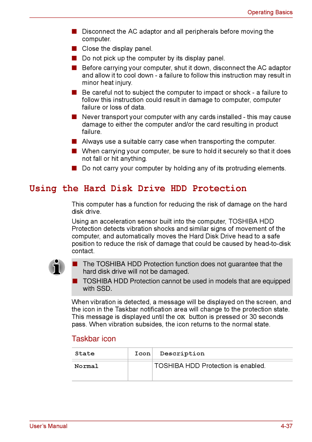 Toshiba P11, S11, A11 user manual Using the Hard Disk Drive HDD Protection, Taskbar icon 