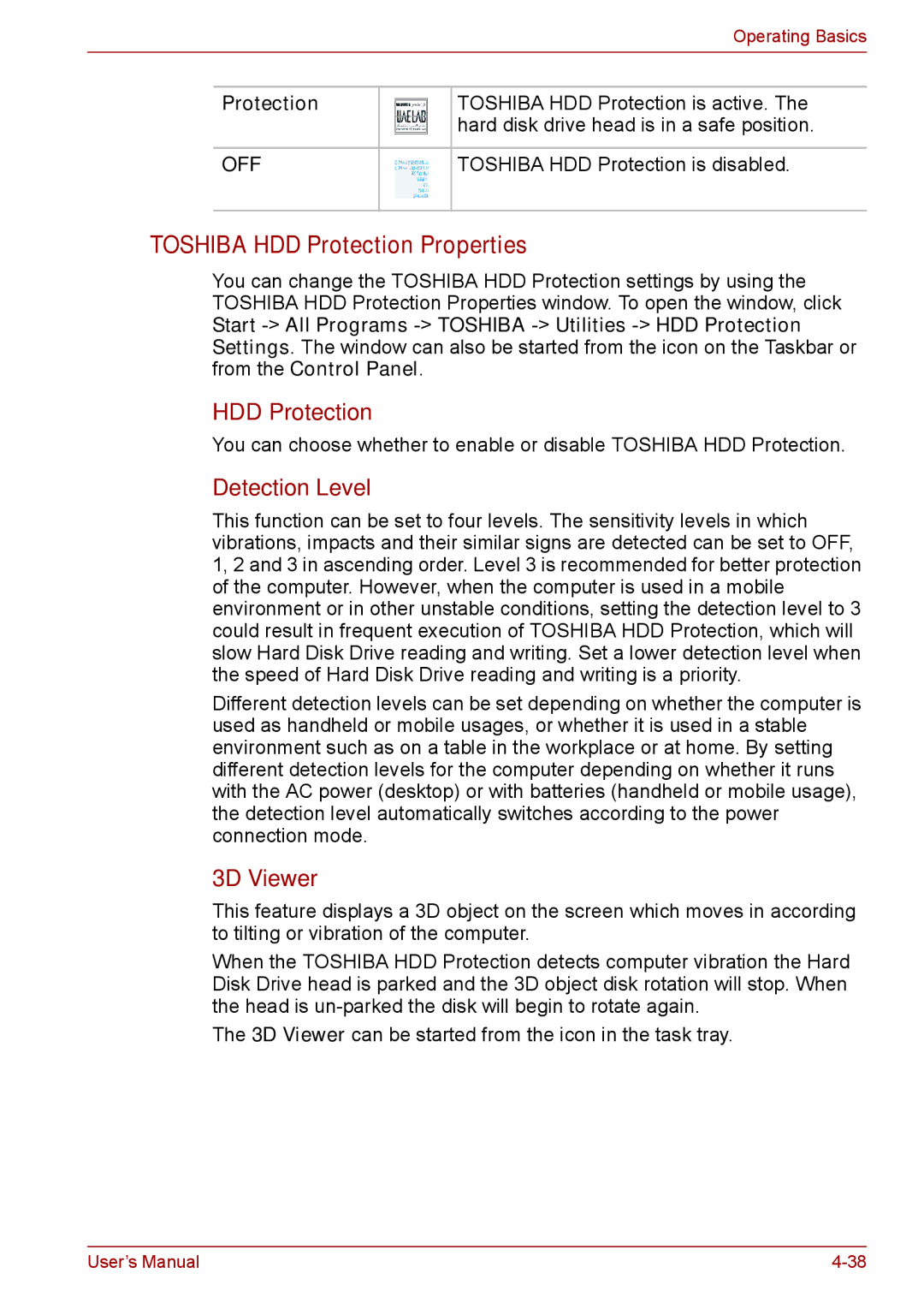 Toshiba S11, P11, A11 user manual Toshiba HDD Protection Properties, Detection Level, 3D Viewer 