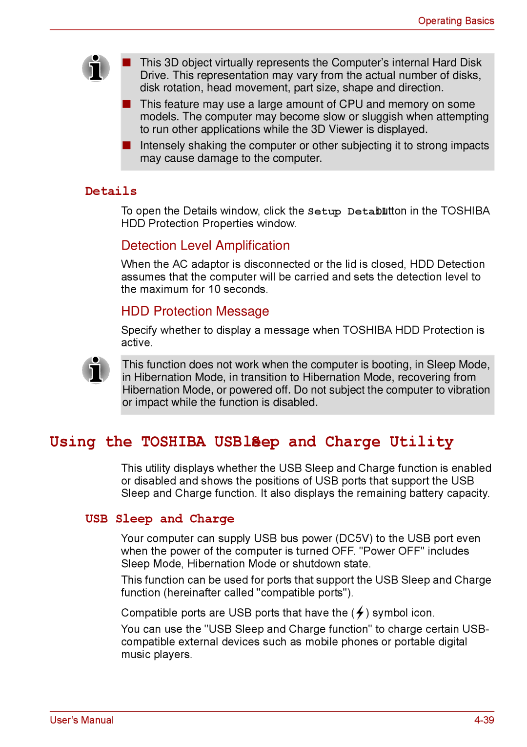 Toshiba A11 Using the Toshiba USB Sleep and Charge Utility, Details, Detection Level Amplification, HDD Protection Message 