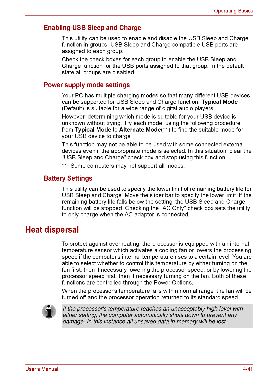 Toshiba S11, P11, A11 user manual Heat dispersal, Enabling USB Sleep and Charge, Power supply mode settings, Battery Settings 