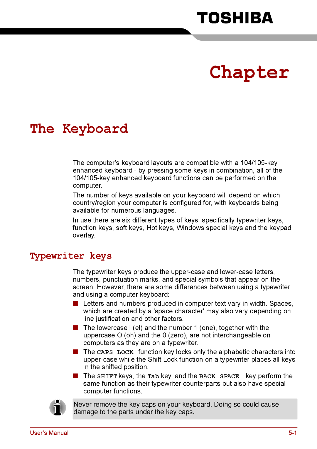 Toshiba A11, P11, S11 user manual Keyboard, Typewriter keys 