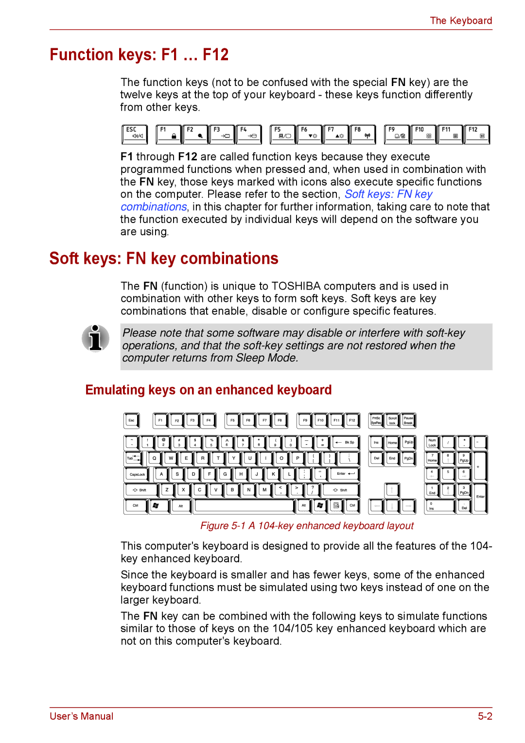 Toshiba P11, S11, A11 Function keys F1 … F12, Soft keys FN key combinations, Emulating keys on an enhanced keyboard 