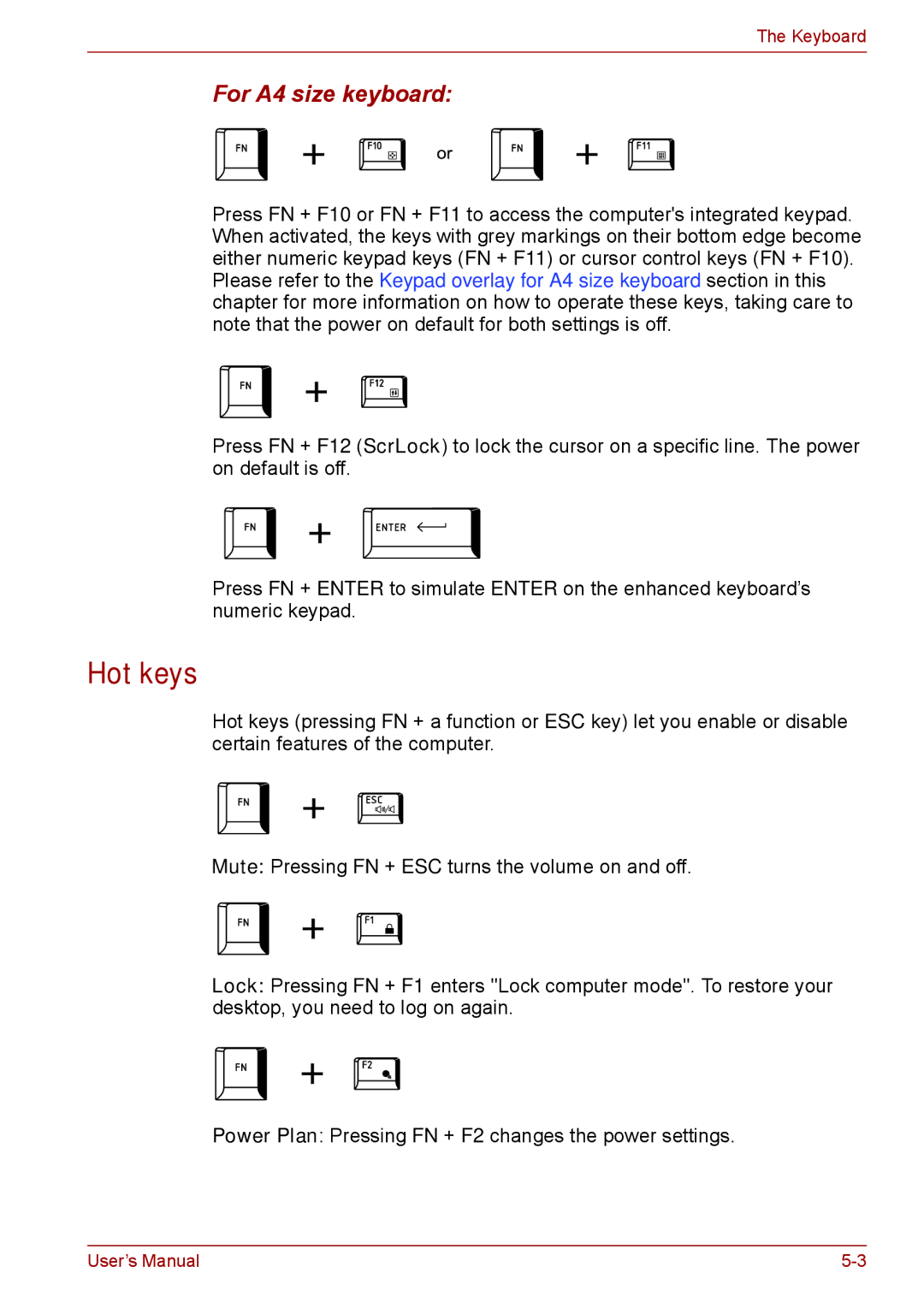 Toshiba S11, P11, A11 user manual Hot keys, For A4 size keyboard 