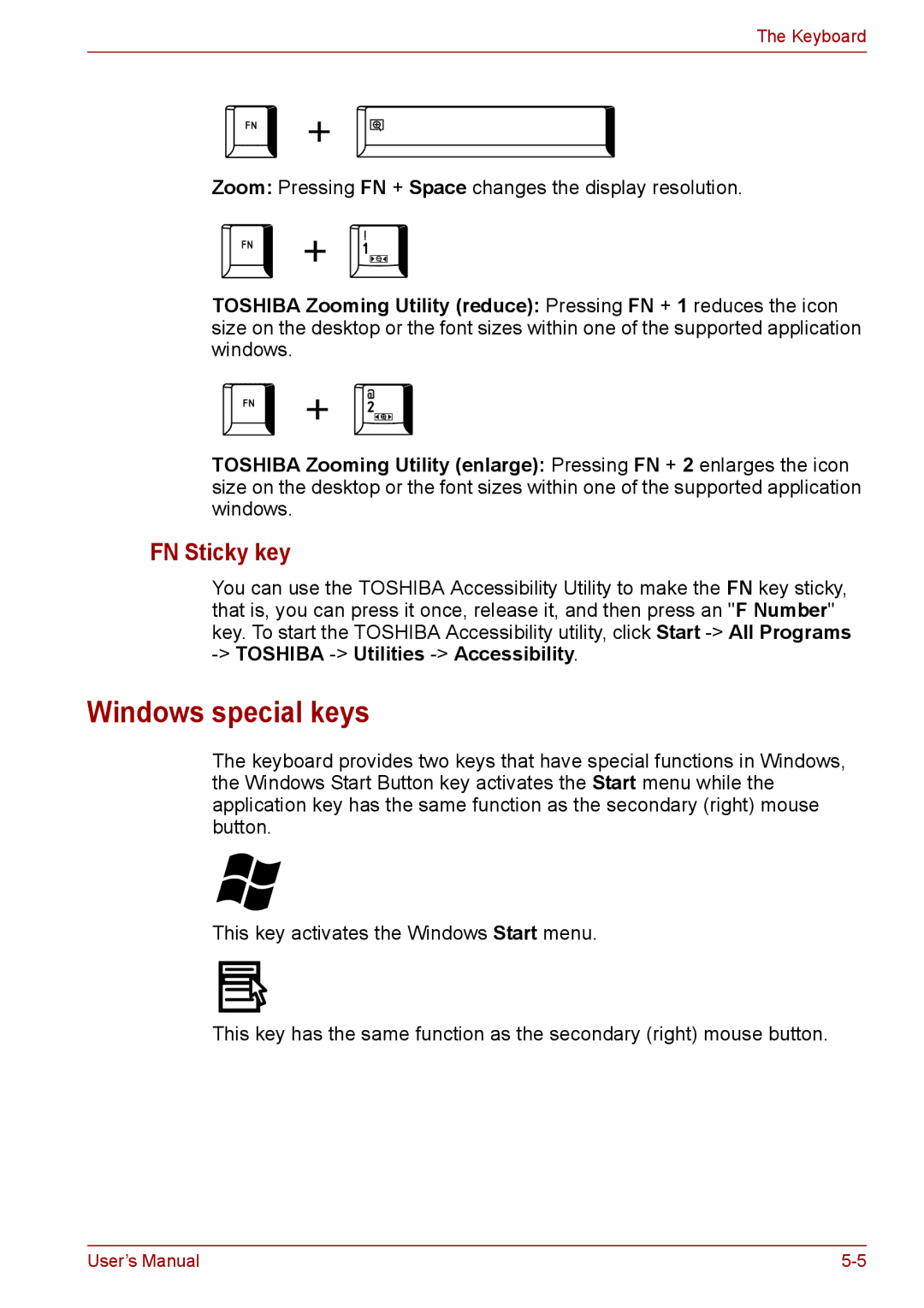 Toshiba P11, S11, A11 user manual Windows special keys, FN Sticky key 