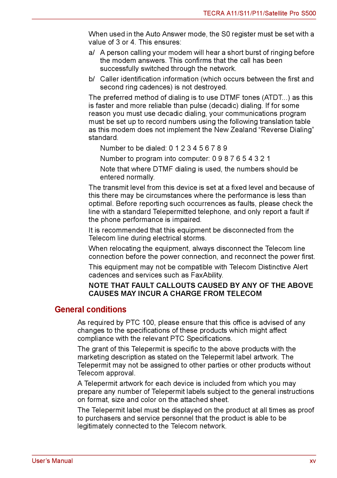 Toshiba P11, S11, A11 user manual General conditions 