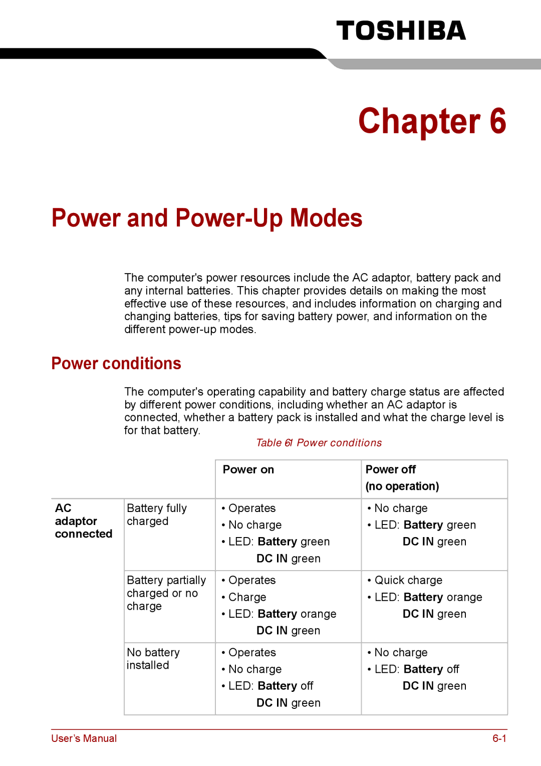 Toshiba P11, S11, A11 Power and Power-Up Modes, Power conditions, Power on Power off No operation, Connected, DC in green 