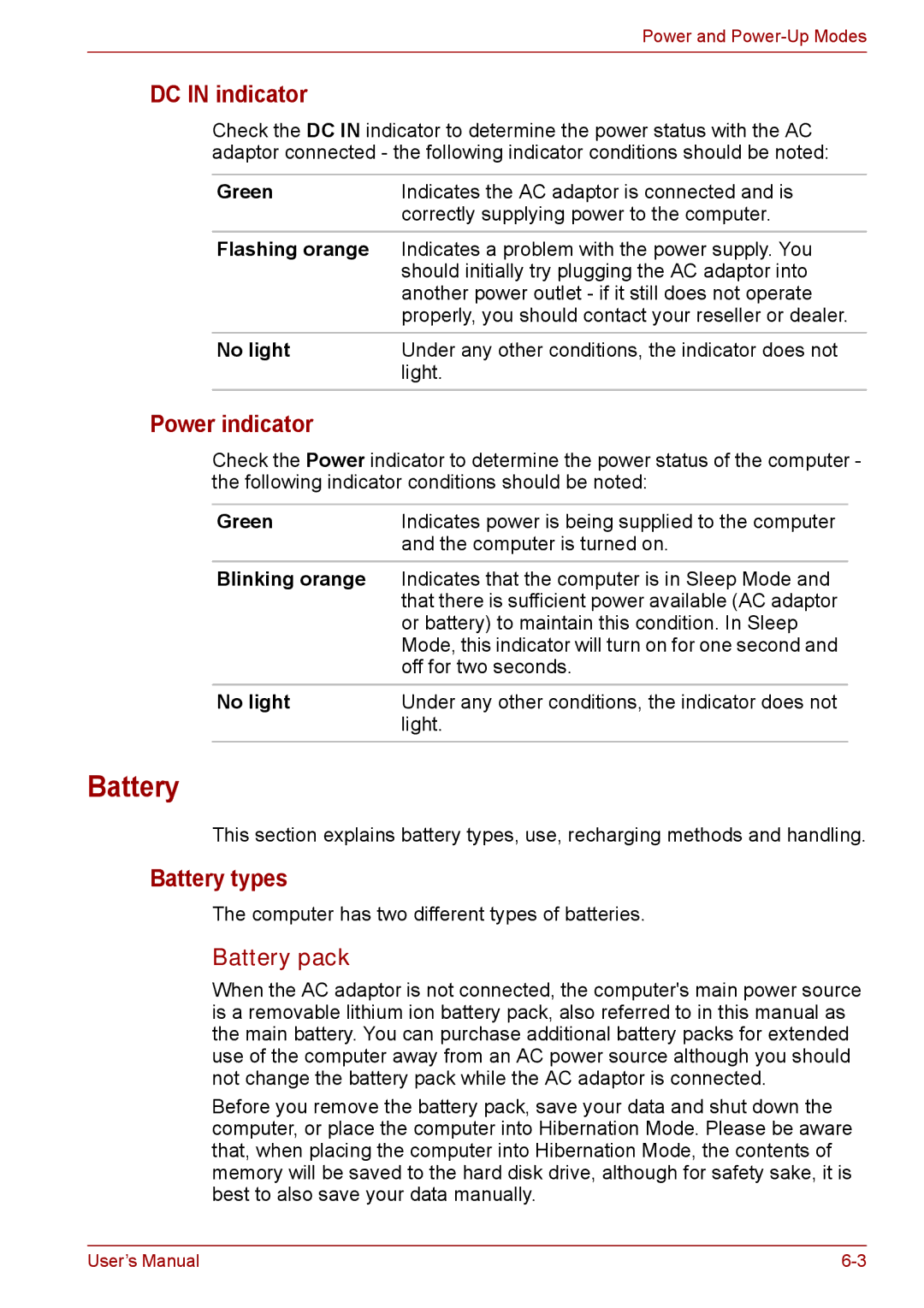 Toshiba A11, P11, S11 user manual DC in indicator, Power indicator, Battery types, Battery pack 