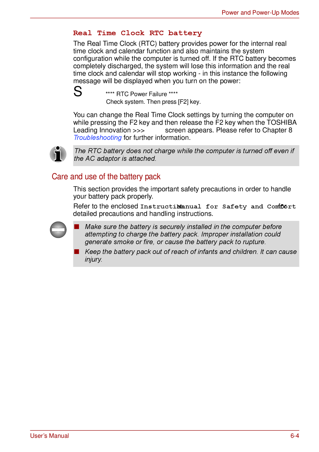 Toshiba P11, S11, A11 user manual Care and use of the battery pack, Real Time Clock RTC battery 