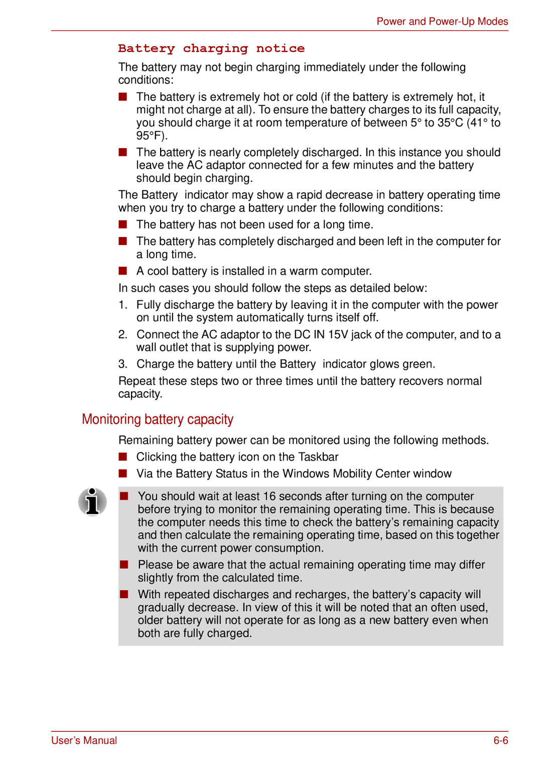 Toshiba A11, P11, S11 user manual Monitoring battery capacity, Battery charging notice 