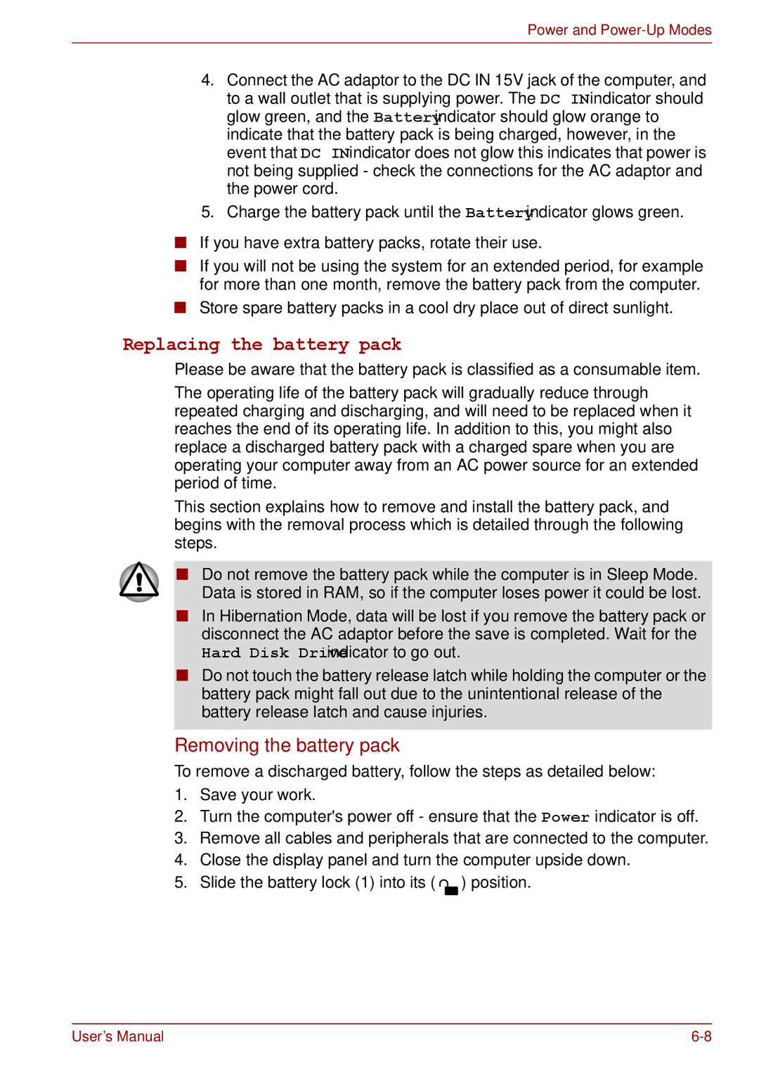 Toshiba S11, P11, A11 user manual Replacing the battery pack, Removing the battery pack 