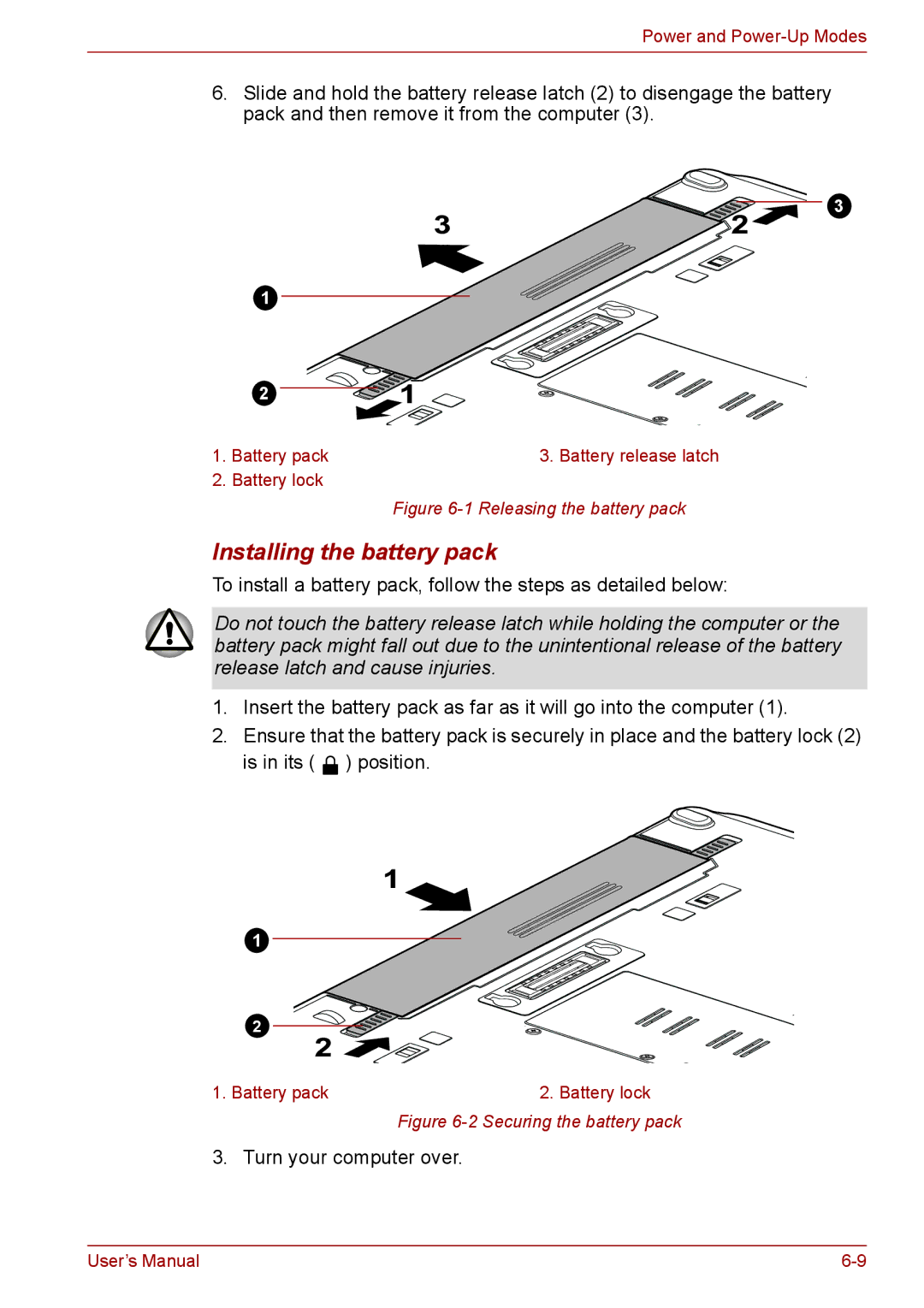 Toshiba A11, P11, S11 user manual Installing the battery pack, Releasing the battery pack 