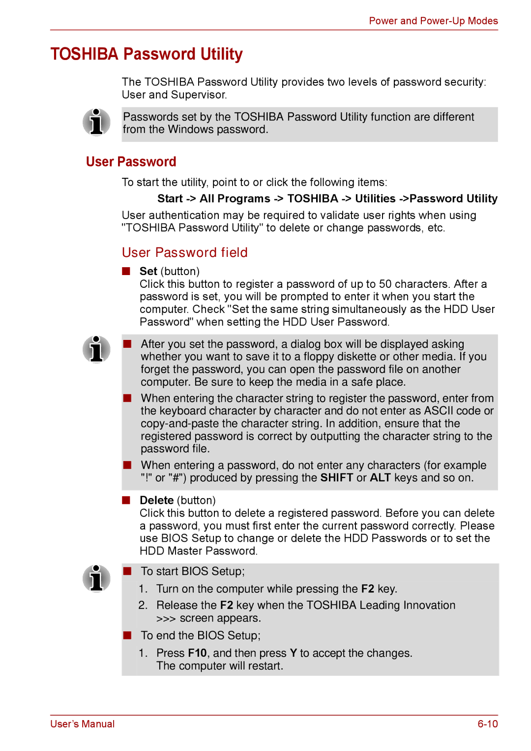 Toshiba P11, S11 Toshiba Password Utility, User Password field, Start All Programs Toshiba Utilities -Password Utility 