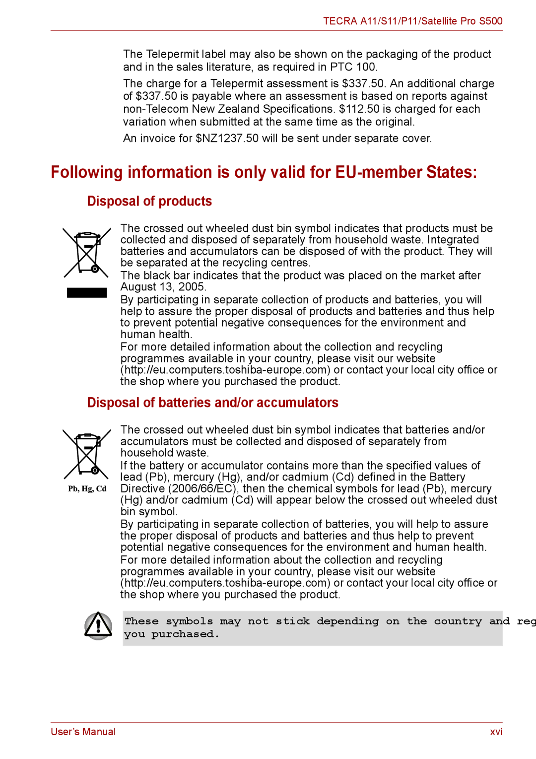 Toshiba S11, P11, A11 user manual Following information is only valid for EU-member States, Disposal of products 