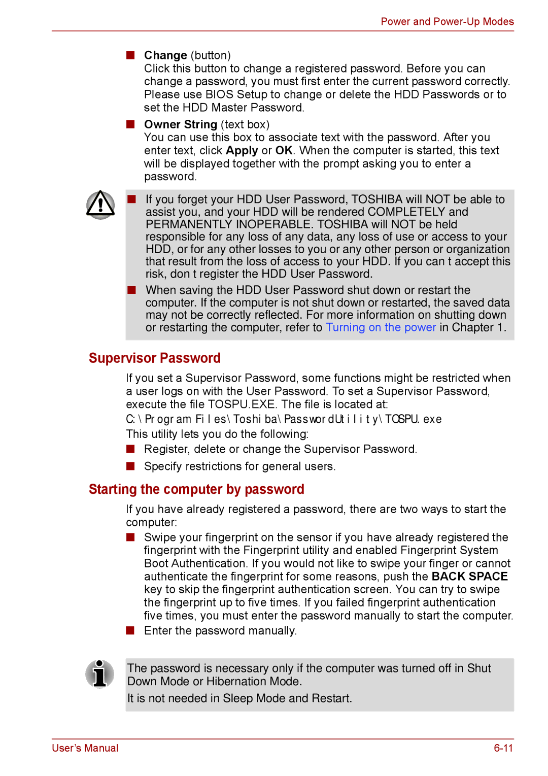 Toshiba S11, P11, A11 user manual Supervisor Password, Starting the computer by password, Owner String text box 