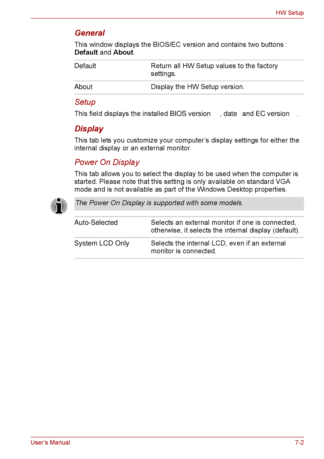 Toshiba A11, P11, S11 user manual General, Power On Display 