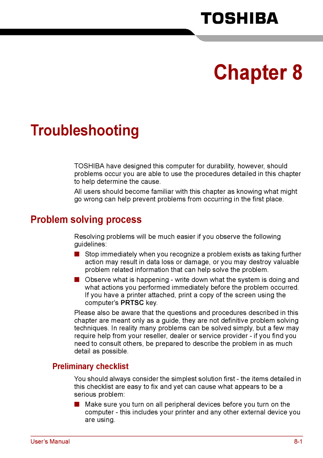 Toshiba A11, P11, S11 user manual Troubleshooting, Problem solving process, Preliminary checklist 