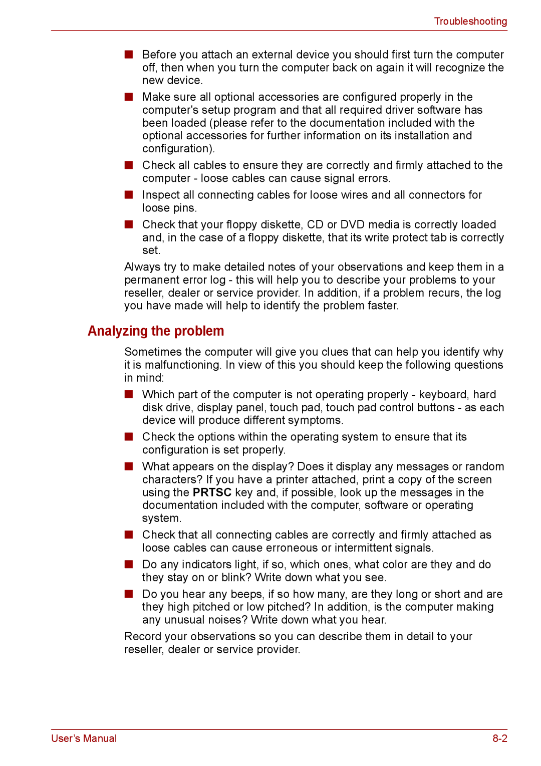 Toshiba P11, S11, A11 user manual Analyzing the problem 