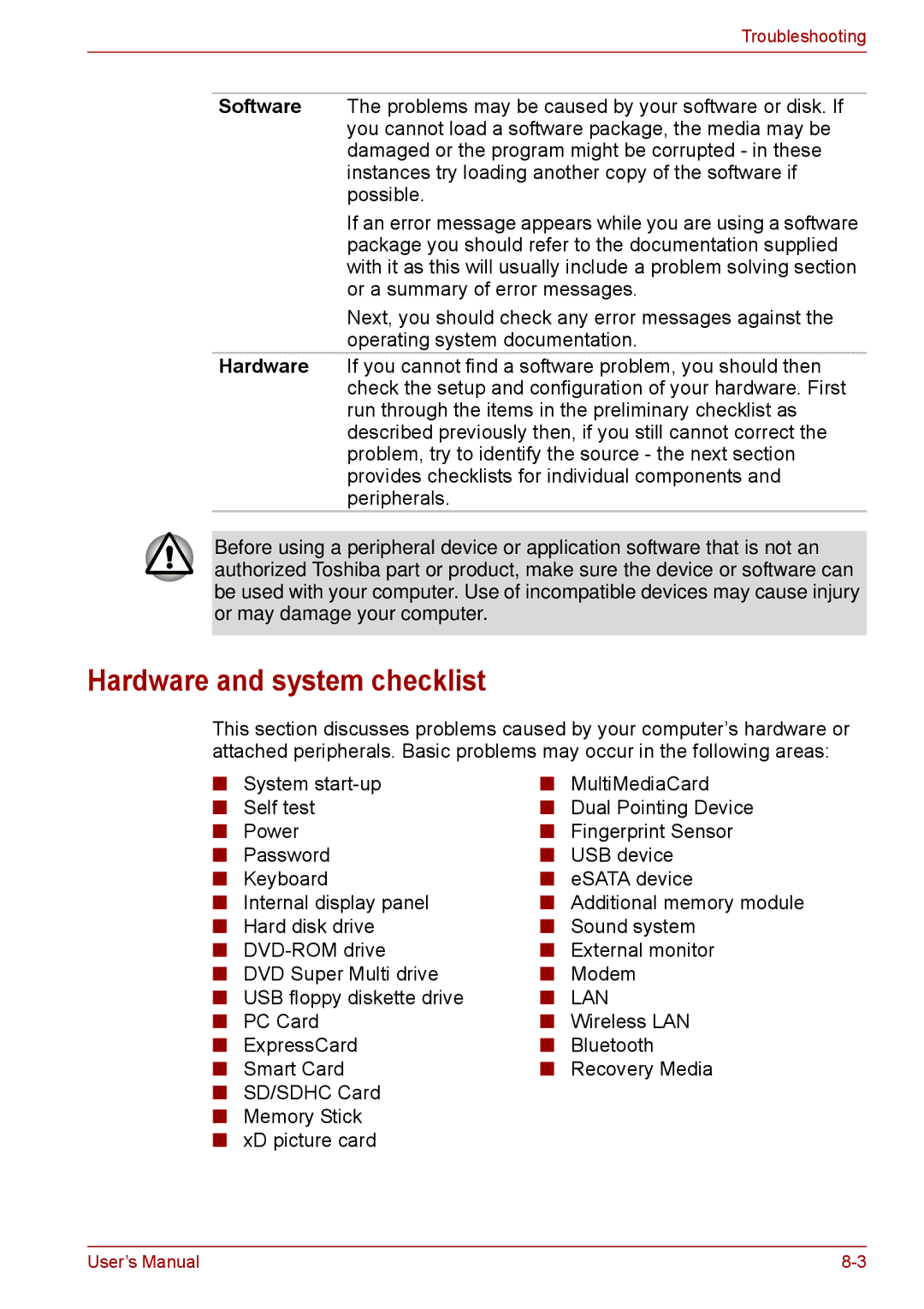 Toshiba S11, P11, A11 user manual Hardware and system checklist 