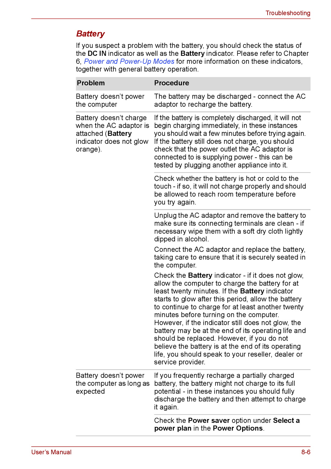 Toshiba S11, P11, A11 user manual Battery, Power plan in the Power Options 