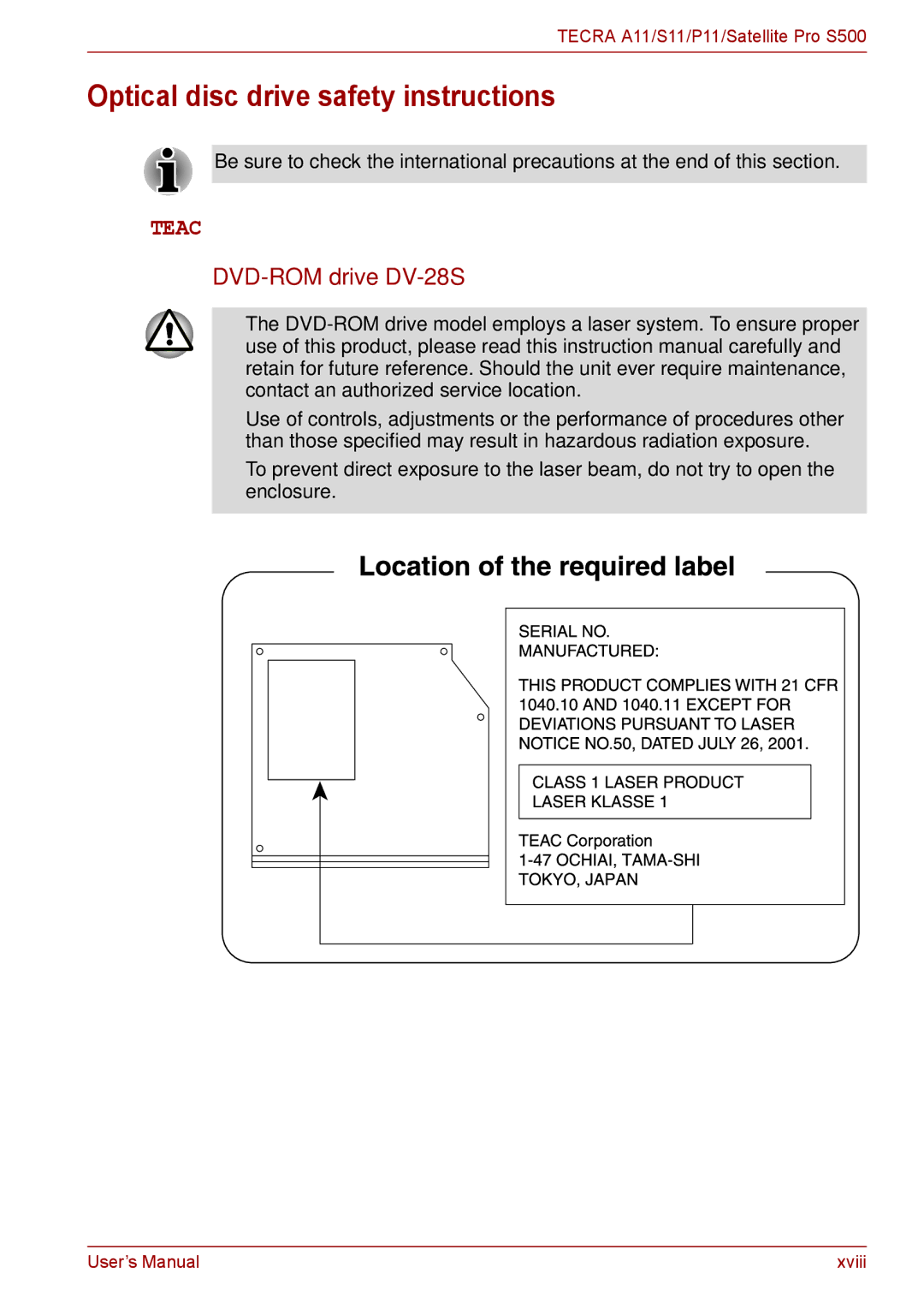 Toshiba P11, S11, A11 user manual Optical disc drive safety instructions, DVD-ROM drive DV-28S 