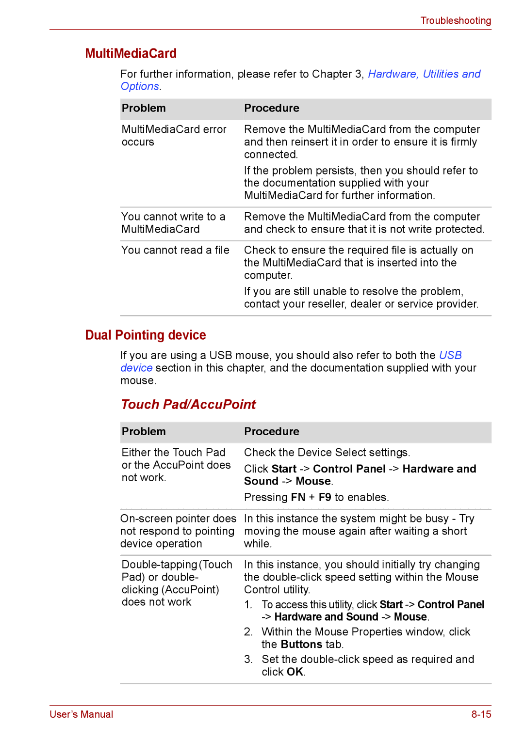 Toshiba S11, P11, A11 user manual MultiMediaCard, Dual Pointing device, Touch Pad/AccuPoint 