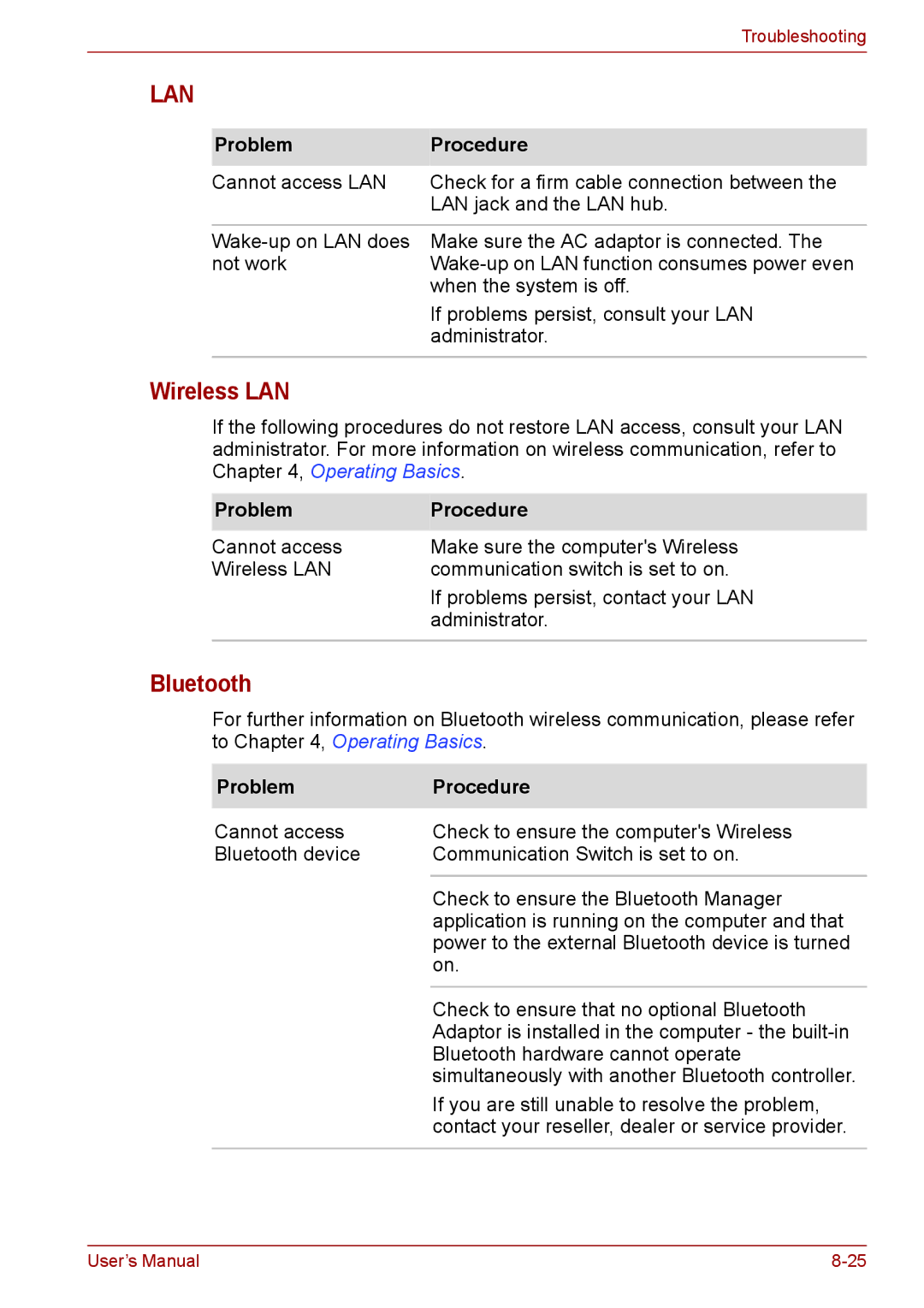 Toshiba A11, P11, S11 user manual Lan, Bluetooth 