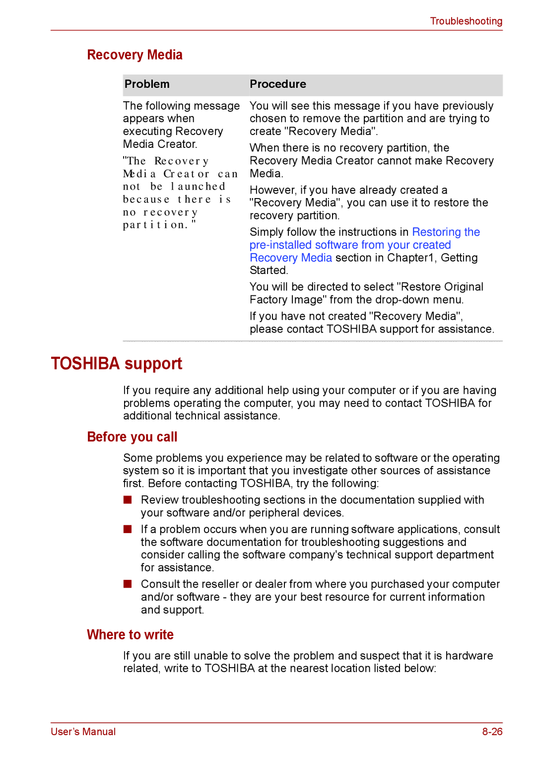 Toshiba P11, S11, A11 user manual Toshiba support, Recovery Media, Before you call, Where to write 