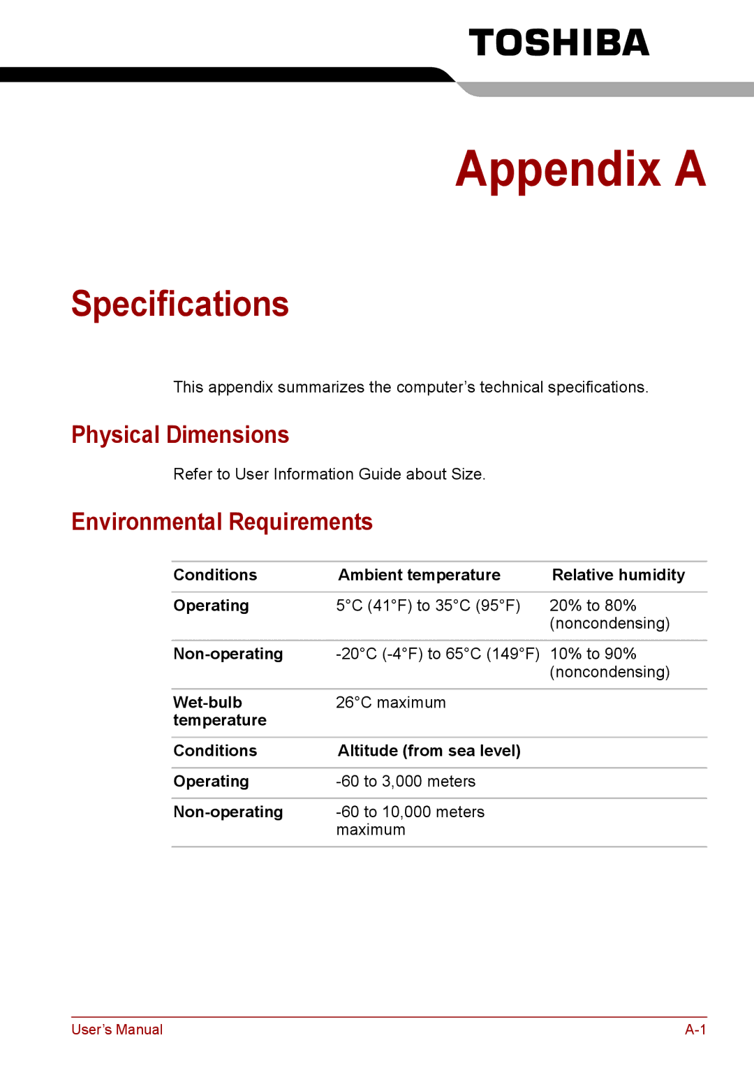 Toshiba A11, P11, S11 user manual Specifications, Physical Dimensions, Environmental Requirements 