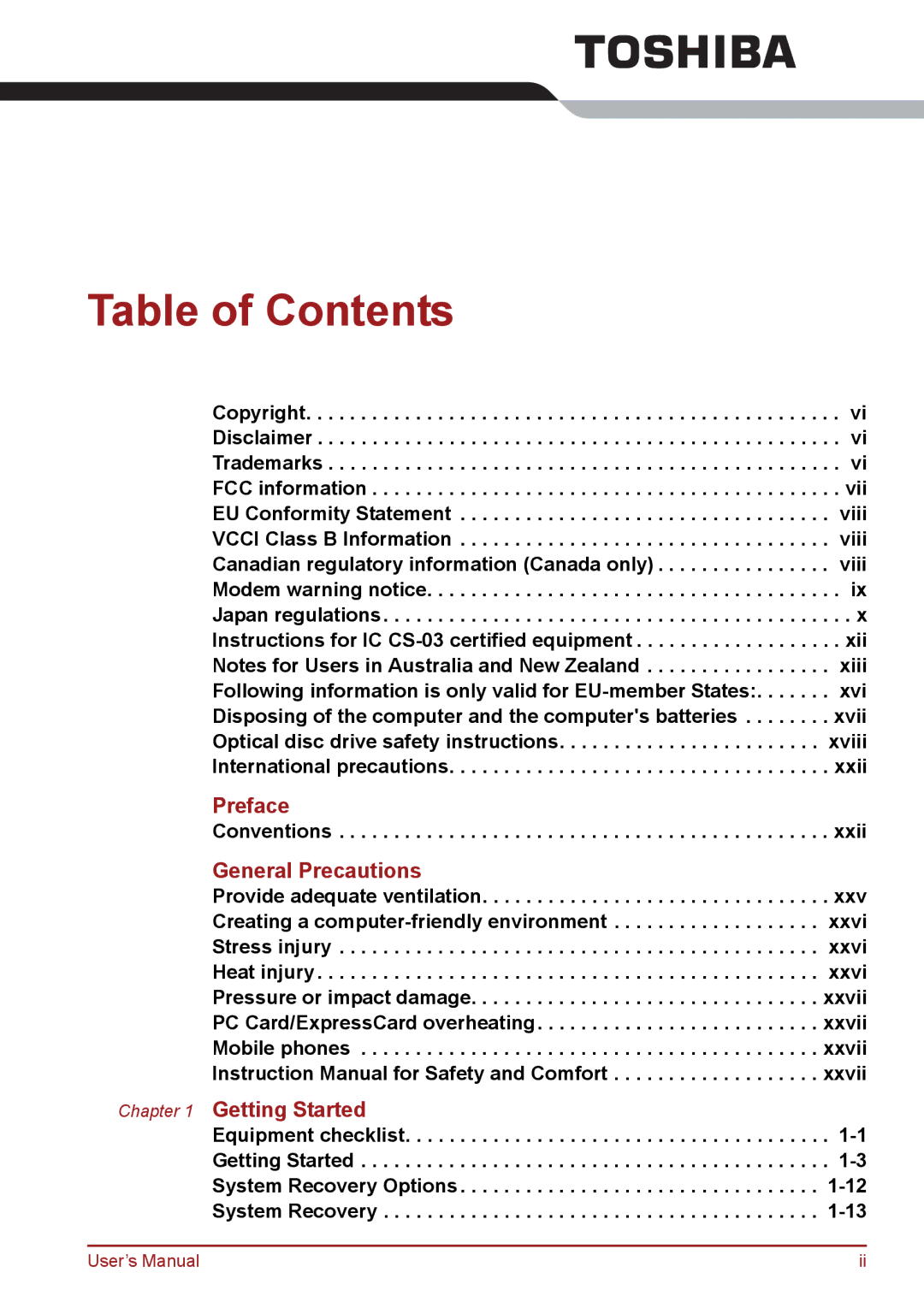 Toshiba A11, P11, S11 user manual Table of Contents 